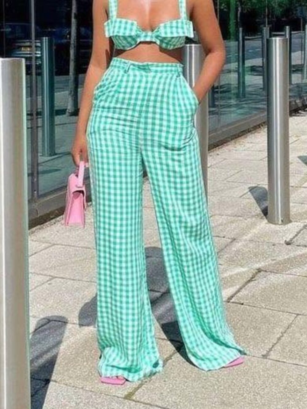 ASOS LUXE Gingham Pants Green & White US 4